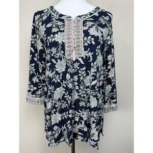 J.Jill Women's Tunic 3/4 Sleeves 3/4 Covered Buttons Floral Boho Sz M Petite